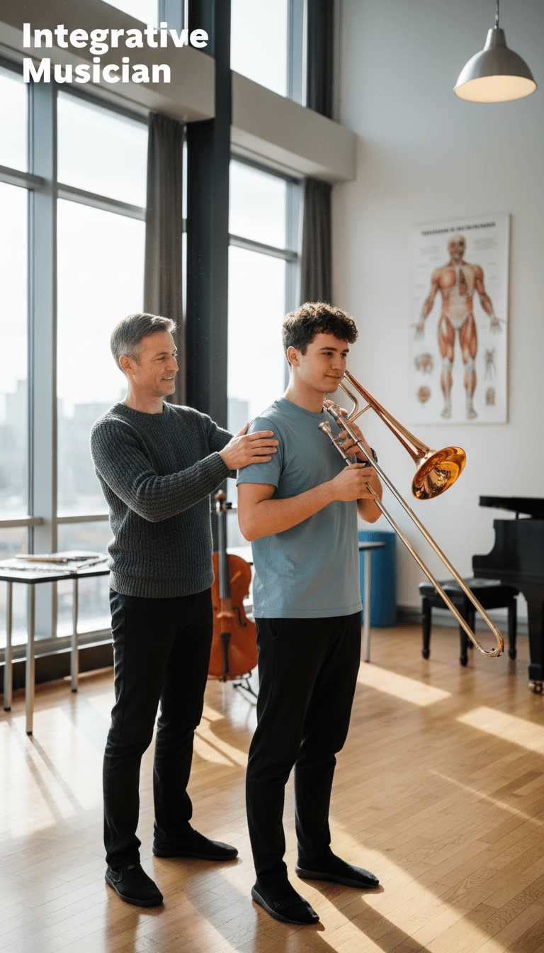 Coach adjusts posture of a wind player holding a trombone in a bright, modern studio.