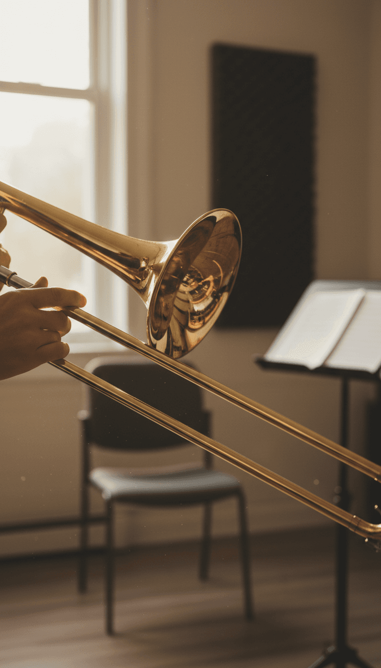 Hands resting on a trombone in a quiet practice room